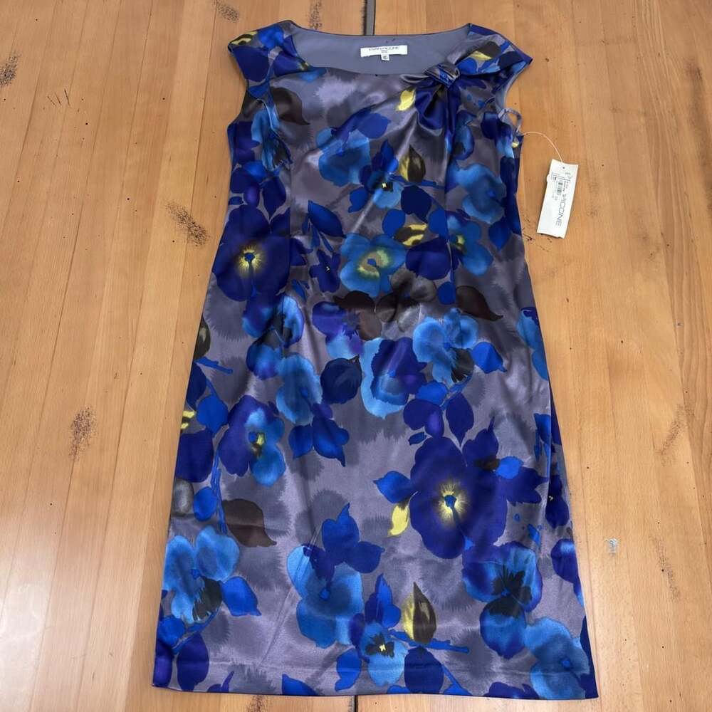 Evan Picone Floral Satin Sheath Dress Size 8P Blue